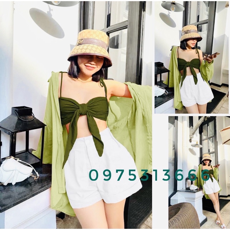 Set 3 Món Đi Biển, Set 3 Món Áo 2 Dây, Quần Đùi Và Áo Khoác, Quyến Rũ Chất Thô, Đũi QC, Item Không Thể Thiếu Hè 2022