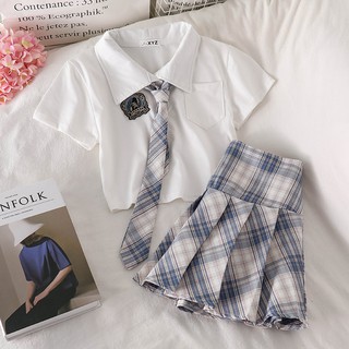 Set Đồng Phục Học Sinh Kèm Cà Vạt + Chân Váy Caro Lưng Cao Thời Trang Cho Nữ