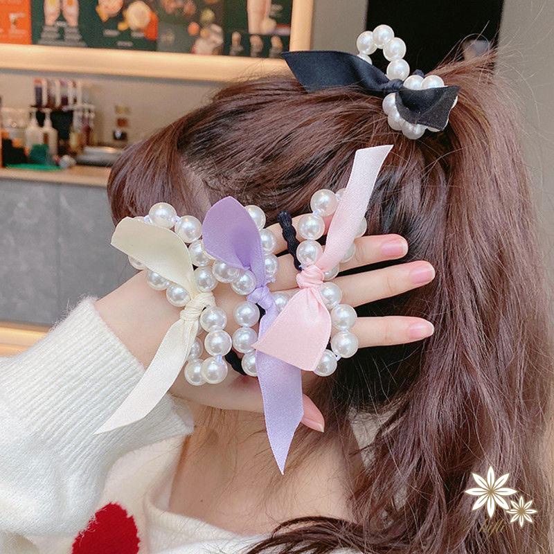 Dây Cột Tóc Cao Su Co Giãn Hình Nơ Đính Ngọc Trai Xinh Xắn