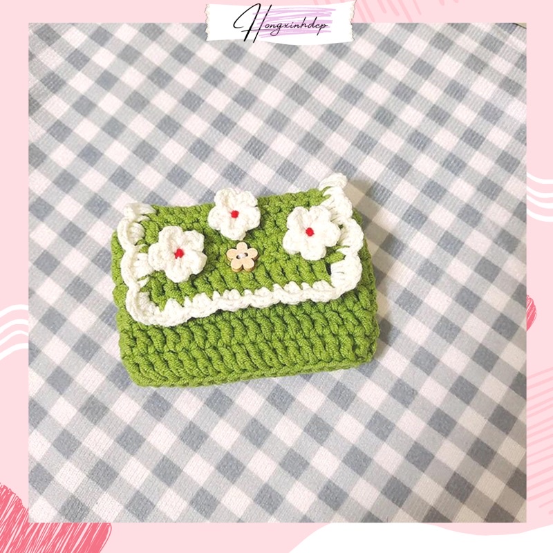 Ví nữ bằng len handmade mini nhỏ gọn đựng thẻ, Ví len bông hoa dễ thương đựng thẻ
