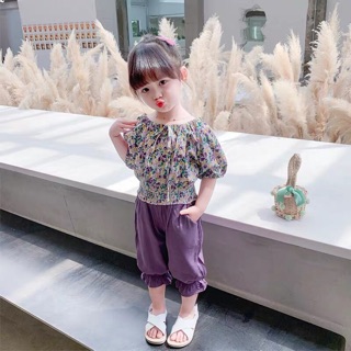 Sét áo hoa quần tím đũi cho bé gái