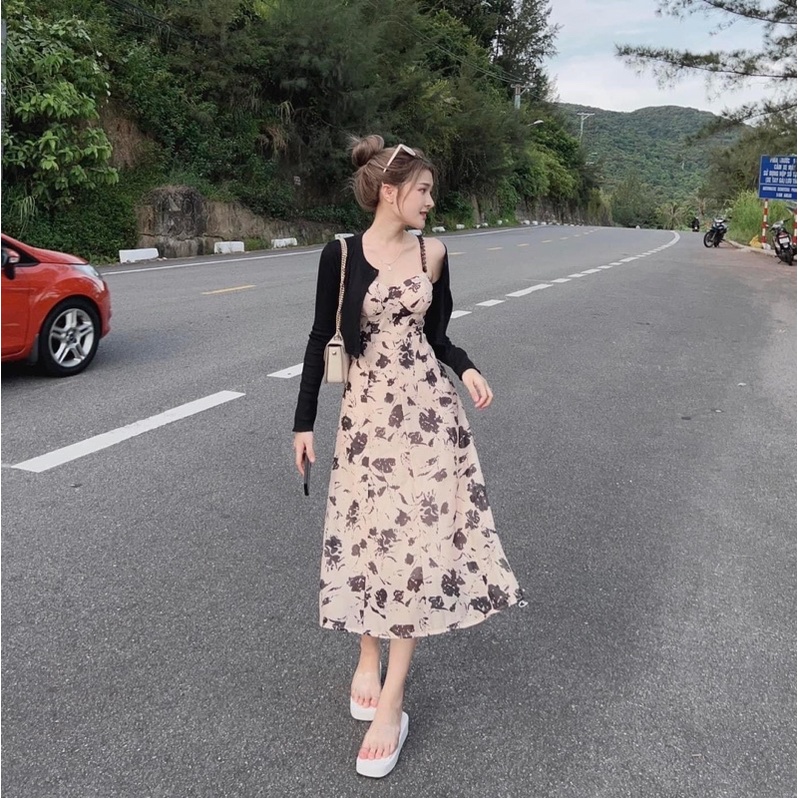 [ 𝐅𝐑𝐄𝐄 𝐒𝐇𝐈𝐏 ]   SÉT  ÁO LEN TĂM KHOÁC CADIGAN VÁY 2 DÂY HOA ĐỆM NGỰC