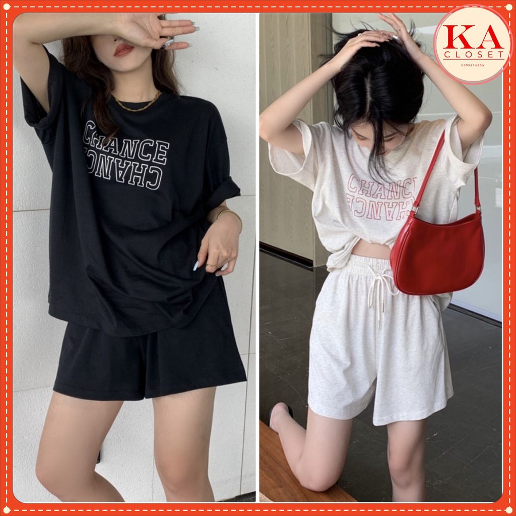 Bộ đùi ngắn tay CHANCE Quần Short Rút Dây Áo Phông Form Rộng Tay Lỡ In Hình Retro Hàn Quốc Ulzzang