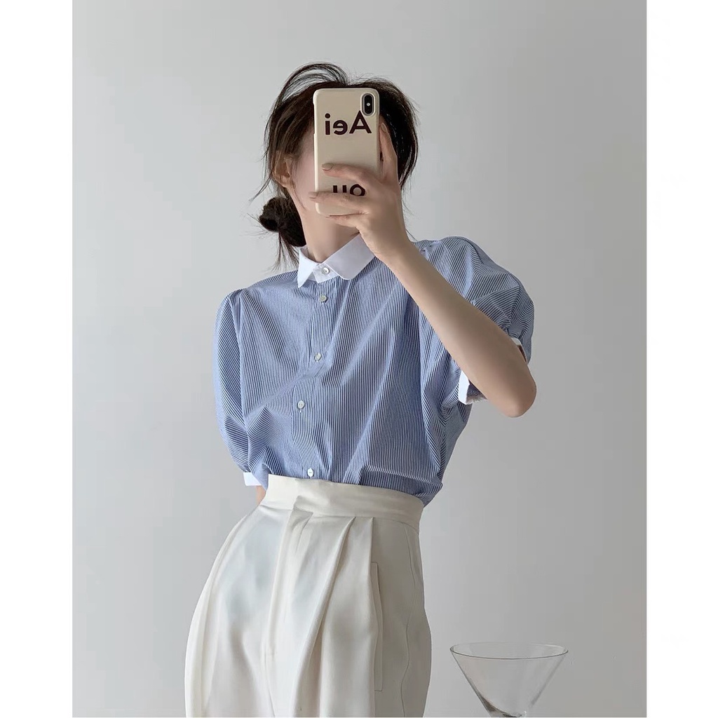 Áo Sơ Mi Tay Ngắn Phồng Họa Tiết Kẻ Sọc Màu Xanh Dương Thời Trang Mùa Hè Cho Nữ