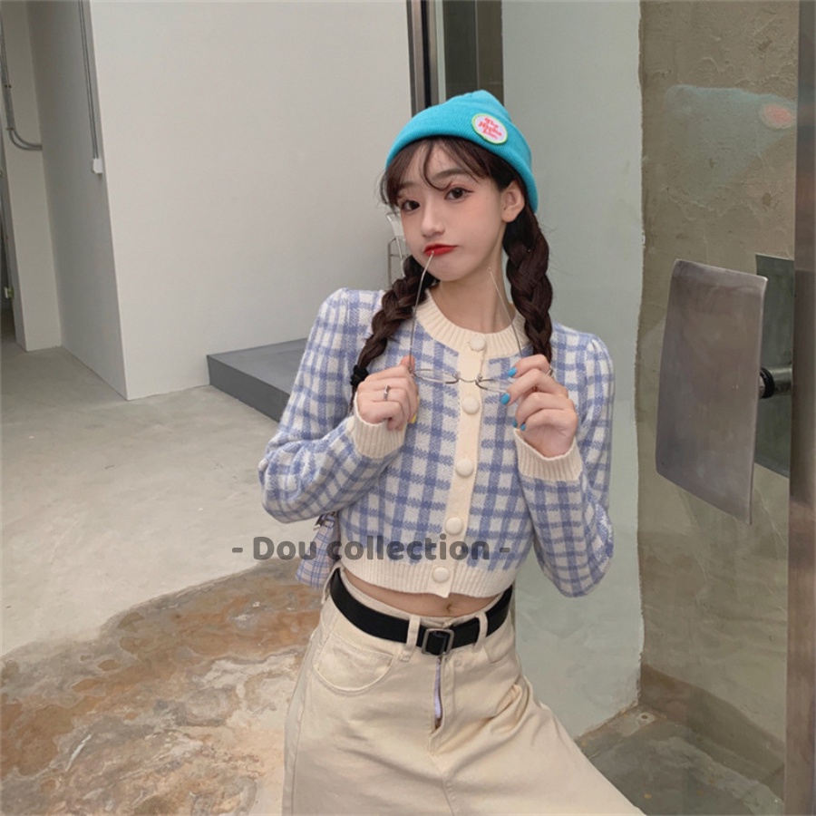 Áo Khoác Dệt Kim Họa Tiết Caro, Áo Khoác Len Dài Tay Thời Trang Thu Đông -Dou Collection - Mã TA029
