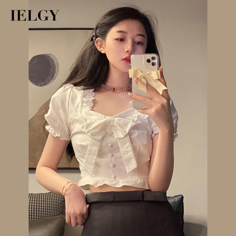 IELGY Áo Sơ Mi Trắng Tay Ngắn Phồng Cổ Vuông Phong Cách Pháp Thời Trang Mùa Hè Cho Nữ