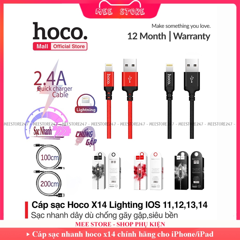 Cáp sạc nhanh dây dù hoco-x14 dành cho ip/tablet táo/tai nghe ko dây táo-Mee Store 247
