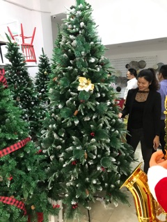 Cây thông noel cao cấp 2m4 (PE) loại 3 lá có gắn sẵn quả thông và trái đào đông đỏ