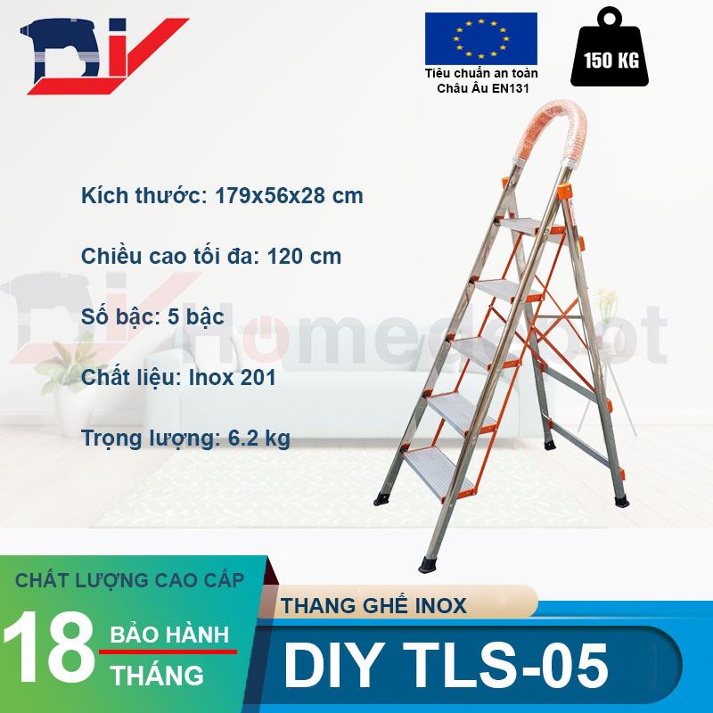 Thang ghế inox 5 bậc DIY TLS-05 chiều cao sử dụng tối đa 120cm - Tiêu chuẩn an toàn Châu Âu - Bảo hành 18 tháng