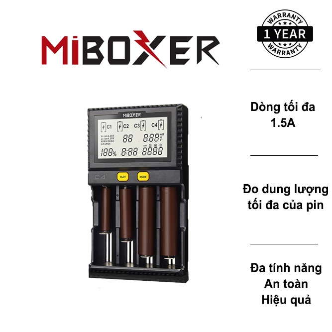 Sạc pin MIBOXER C4-V4 đa năng 4 khe cắm - sạc tất cả các loại pin