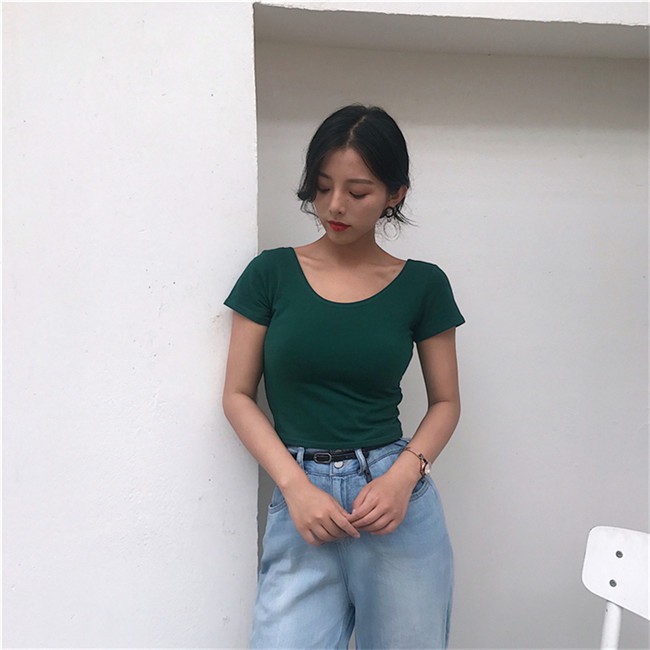 SUXI Áo thun Croptop tay ngắn cổ chữ U