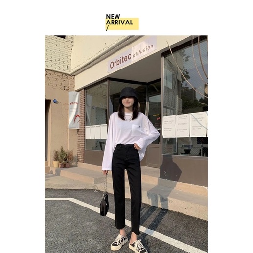 Quần Jeans Nữ Ống Đứng Màu Đen Cạp Cao Chất Jean Co Dãn Đàn Hồi Dài 9 Tấc Hách Đùi Thon Lên Dáng Năng Động Mặc Hàng Ngày