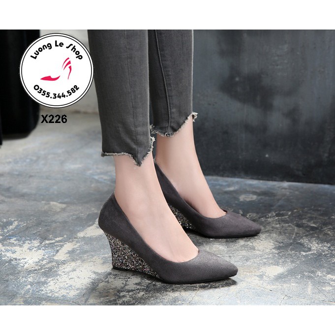Sandal đế xuồng 5cm mũi nhọn da lộn đế nhũ 2 loại 5cm và 8cm 5 màu đen vàng đỏ da xám ms X226