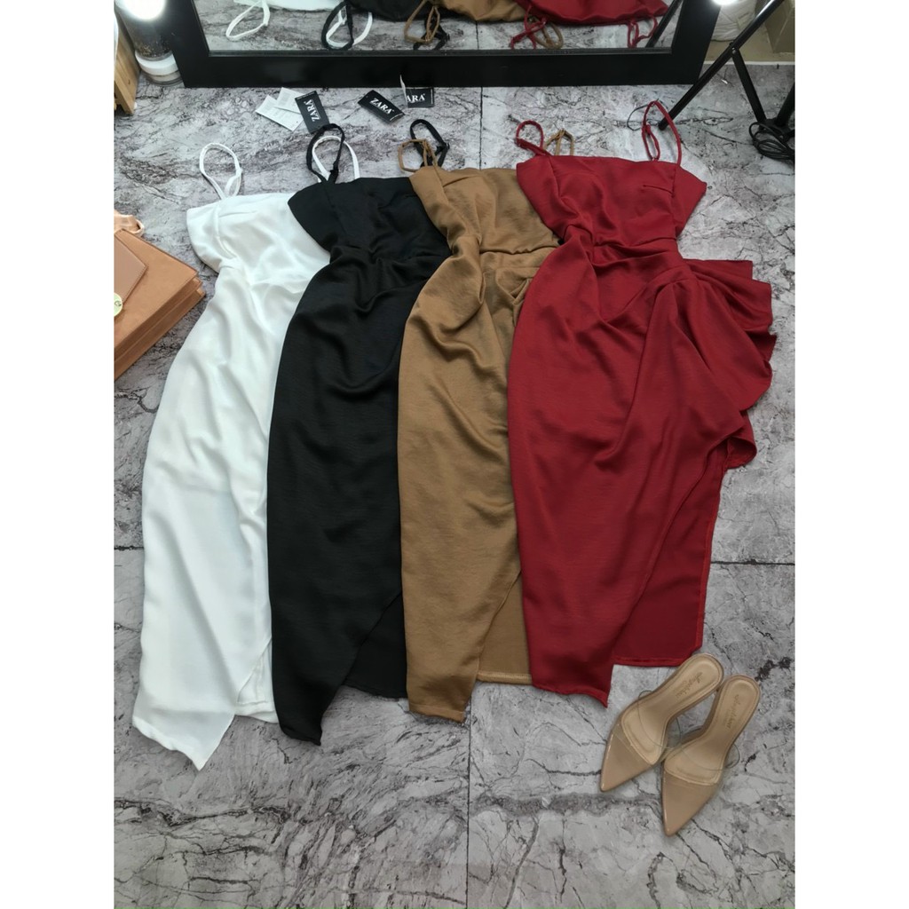 [ẢNH CHÍNH CHỦ]_Đầm Tiệc 2 Dây Nhún Xếp Ly Xẻ đùi Sexy Mềm Mịn 4 Màu HANNAHOUSE 1364 | BigBuy360 - bigbuy360.vn