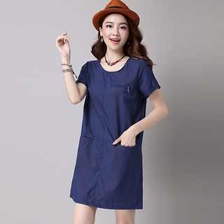 Đầm suông Đũi cổ tròn 2 túi trước, form suông không kén dáng mặc