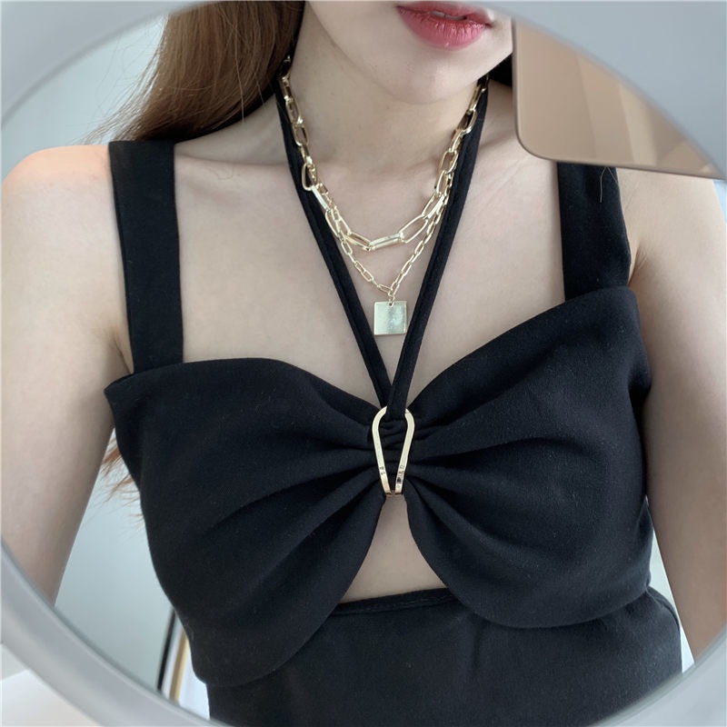 Áo dệt kim hai dây dáng ngắn màu đen thời trang mùa hè cho nữ 2021