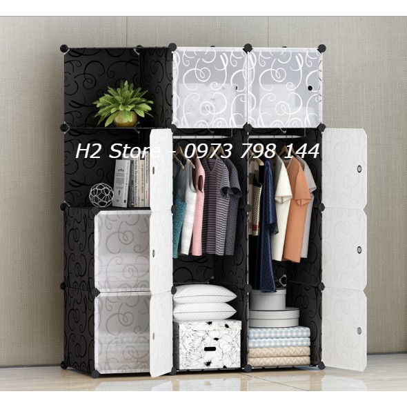 TỦ NHỰA ĐỂ QUẦN ÁO ĐA NĂNG 12 Ô (GỒM 2 KỆ GÓC) VÁCH ĐEN CỬA TRẮNG TRONG size 47cm