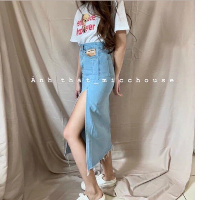 Order | Chân váy jeans chữ A xẻ bên dáng dài lưng cao (bigsize)