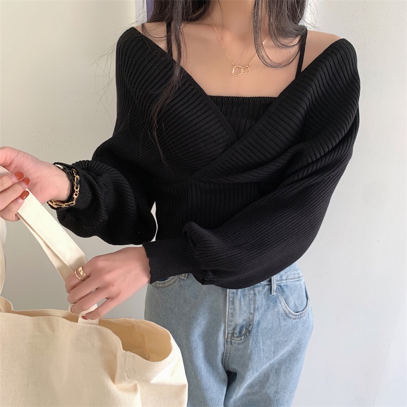 Áo Len Tay Bồng Màu Trắng Đen Hồng Đỏ Dài Tay Hở Trễ Vai, Áo Len Thu Đông Dài Tay Phong Cách Hàn Quốc