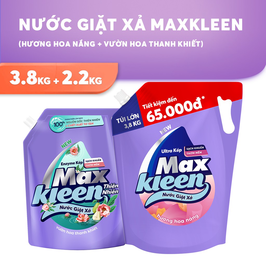 Combo Túi Nước Giặt Xả Maxkleen Thiên Nhiên 2.2kg + Túi Nước Giặt Xả 3.8kg