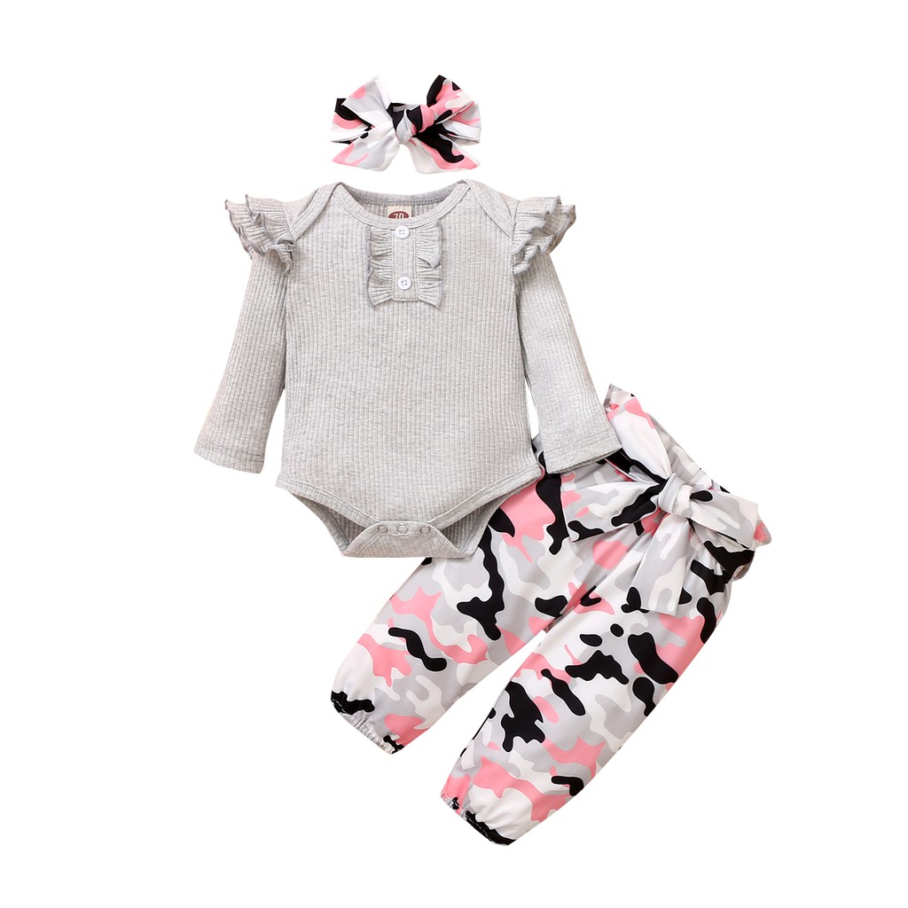 Set 3 món Mikrdoo áo liền quần tay dài + quần dài họa tiết rằn ri + băng đô vải cotton thời trang thù thu cho bé gái