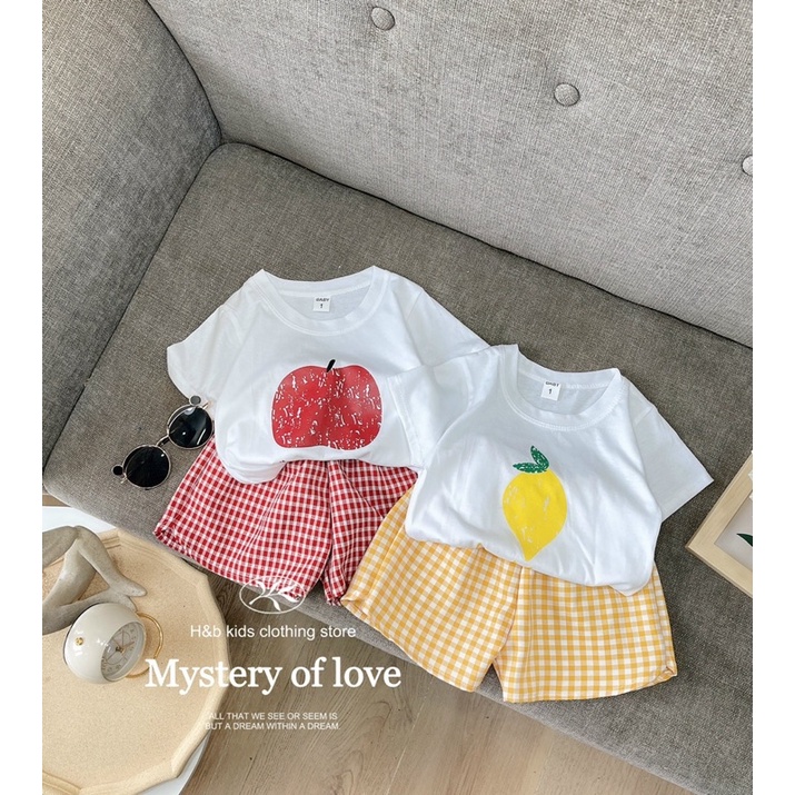 Set Cộc Tay Hoa Quả Áo Chất Vải Cotton Phối Quần Kẻ Đũi Cho Bé Trai, Bé Gái - Tobukids.vn
