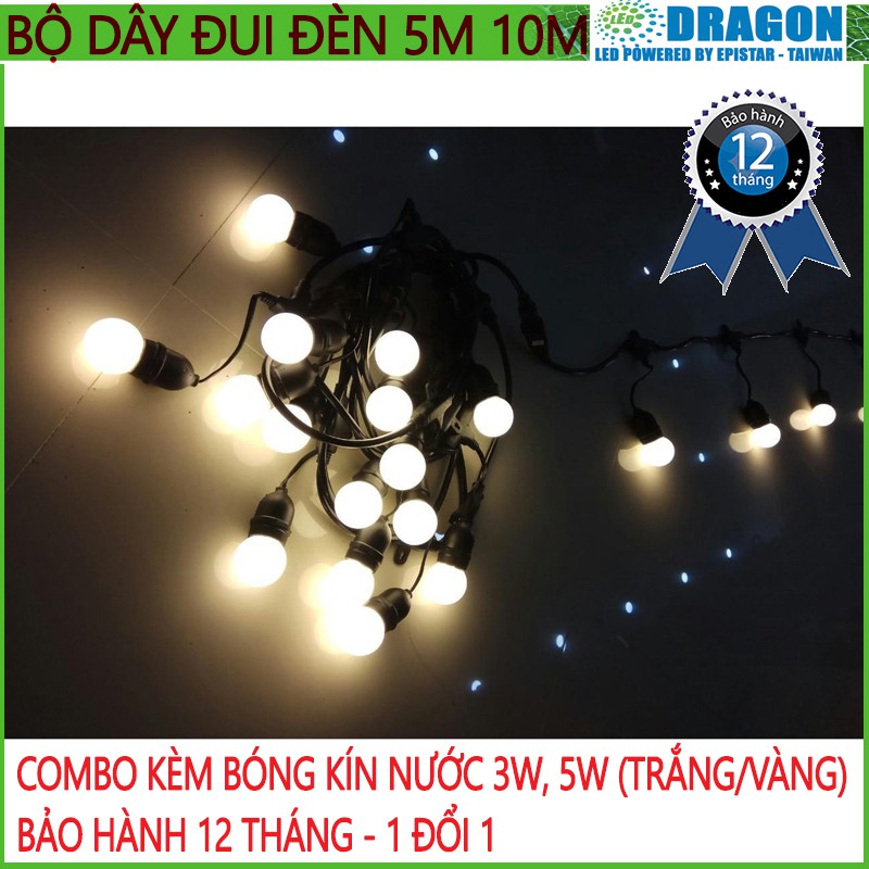 Kèm bóng - Bộ đui đèn ngoài trời trang trí 5m hay 10m kèm 10 đui - 15 đui - 20 đui loại chống nước E27, bóng kín nước