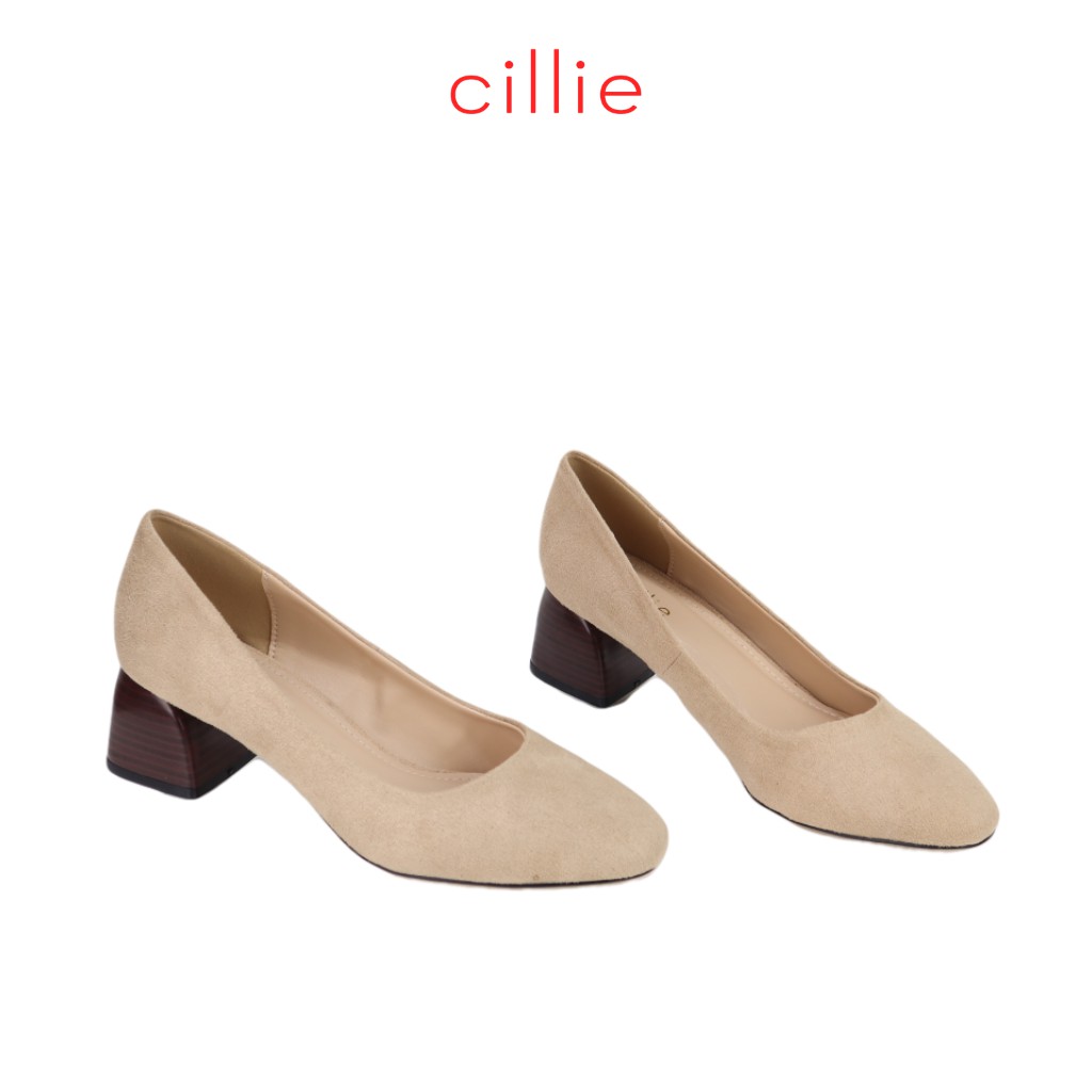 Giày cao gót nữ mũi vuông thời trang da lộn sang chảnh phối gót giả gỗ độc đáo cao 5cm đi làm dạo phố Cillie 1219