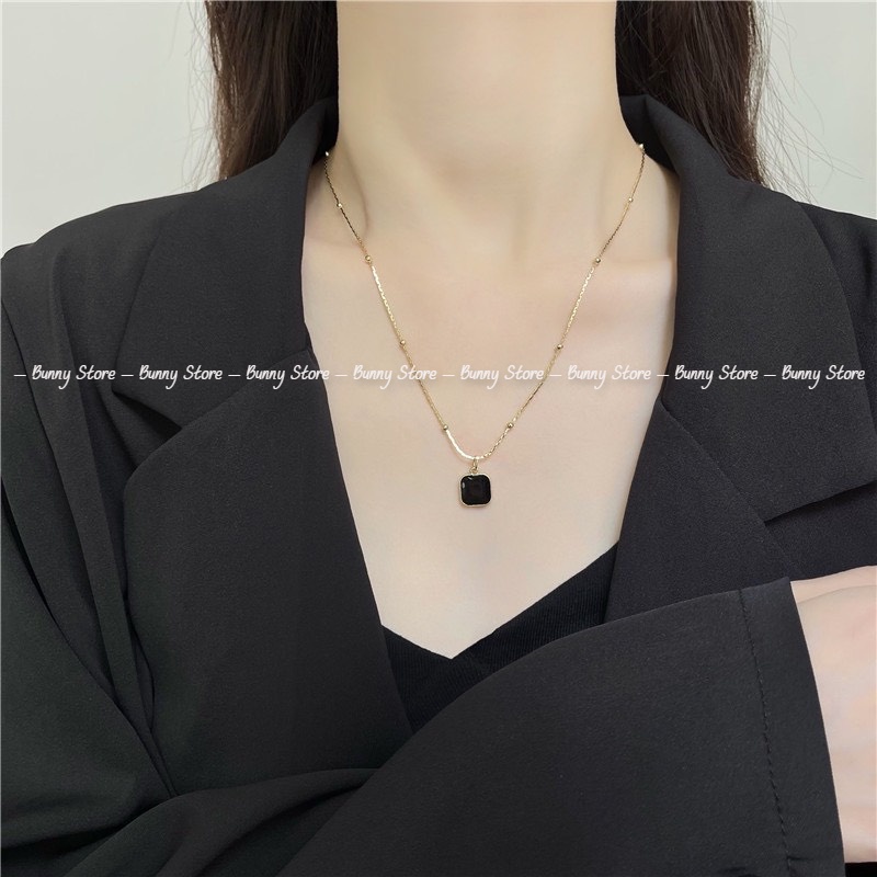 Dây chuyền titan mặt đá vuông đen, không gỉ, 2 màu bạc/vàng