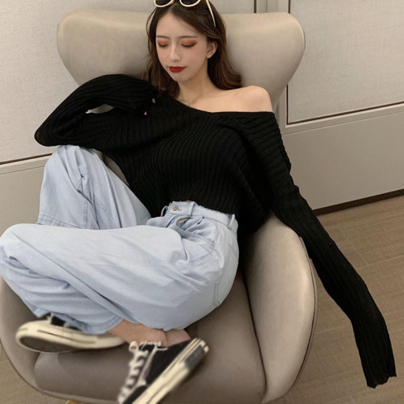 Áo dệt kim dài tay màu trơn phong cách Hàn Quốc thời trang cho nữ