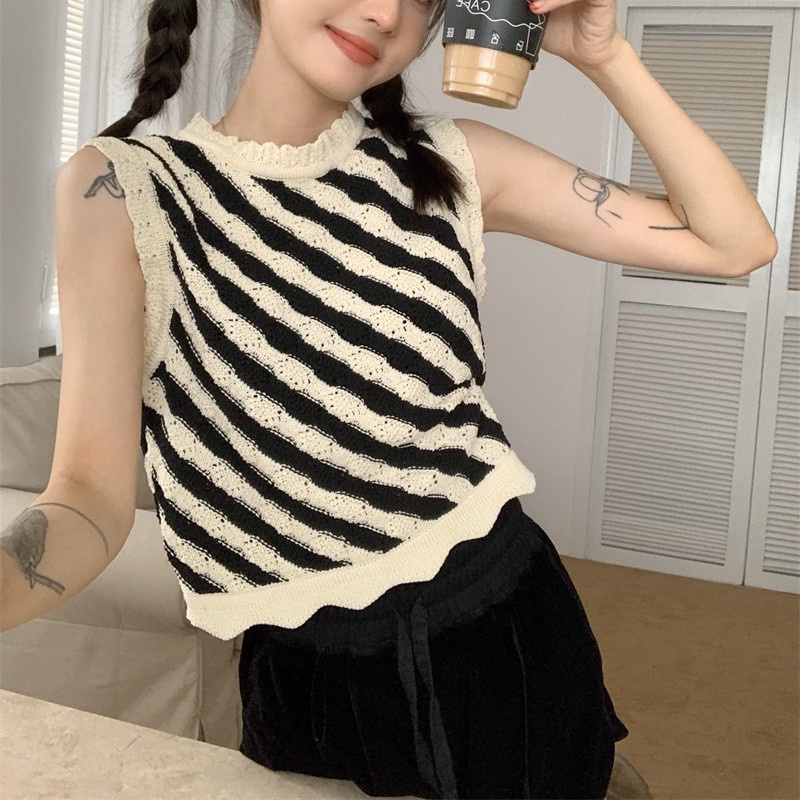 Áo Dệt Kim Sát Nách Kẻ Sọc Thời Trang Ngọt Ngào Cho Nữ