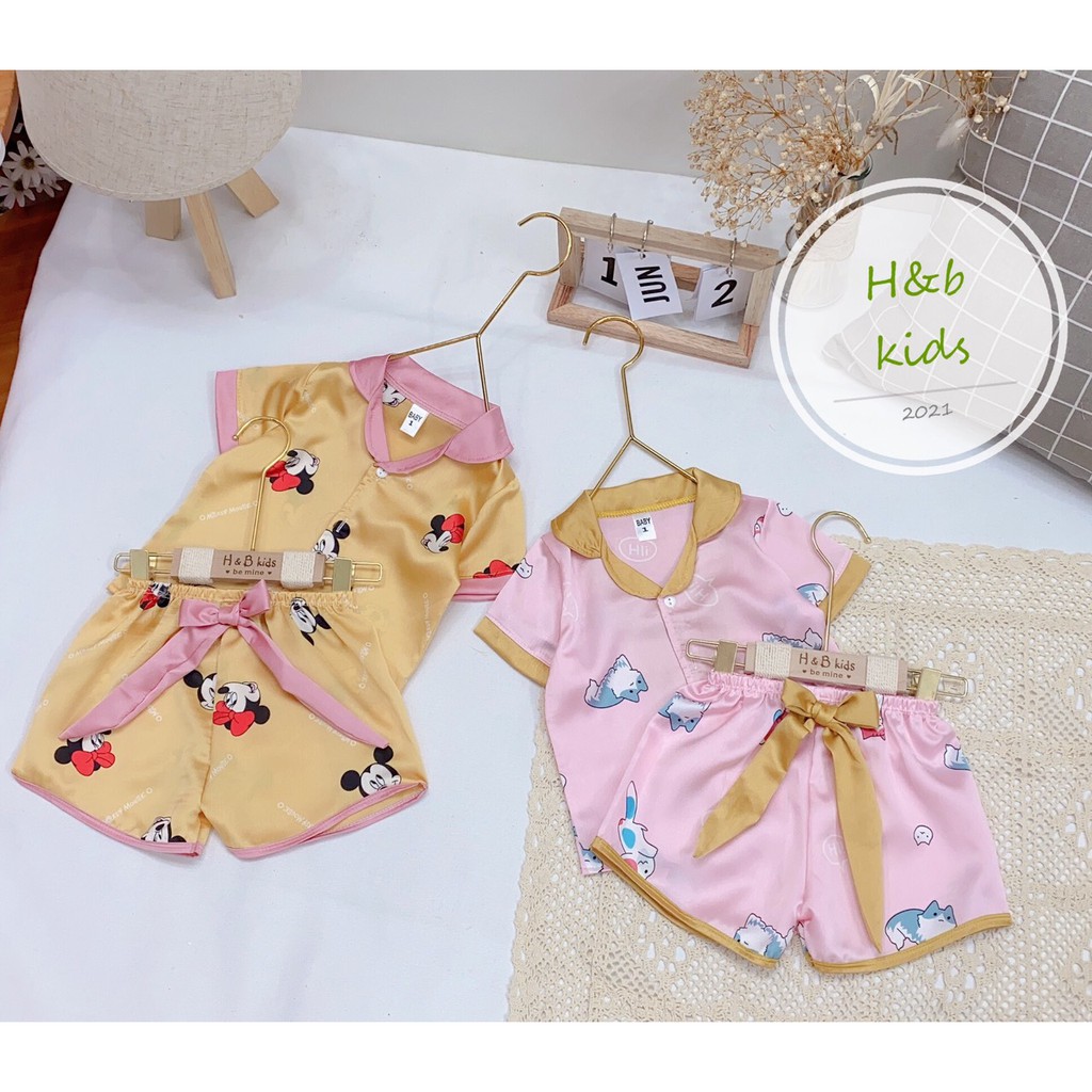 Bộ pijama cho bé MỀM MẠIBộ Ngủ Pijama Lụa Phối Nơ Cao Cấp Cho Bé Gái , Size từ 8kg đến 20kg