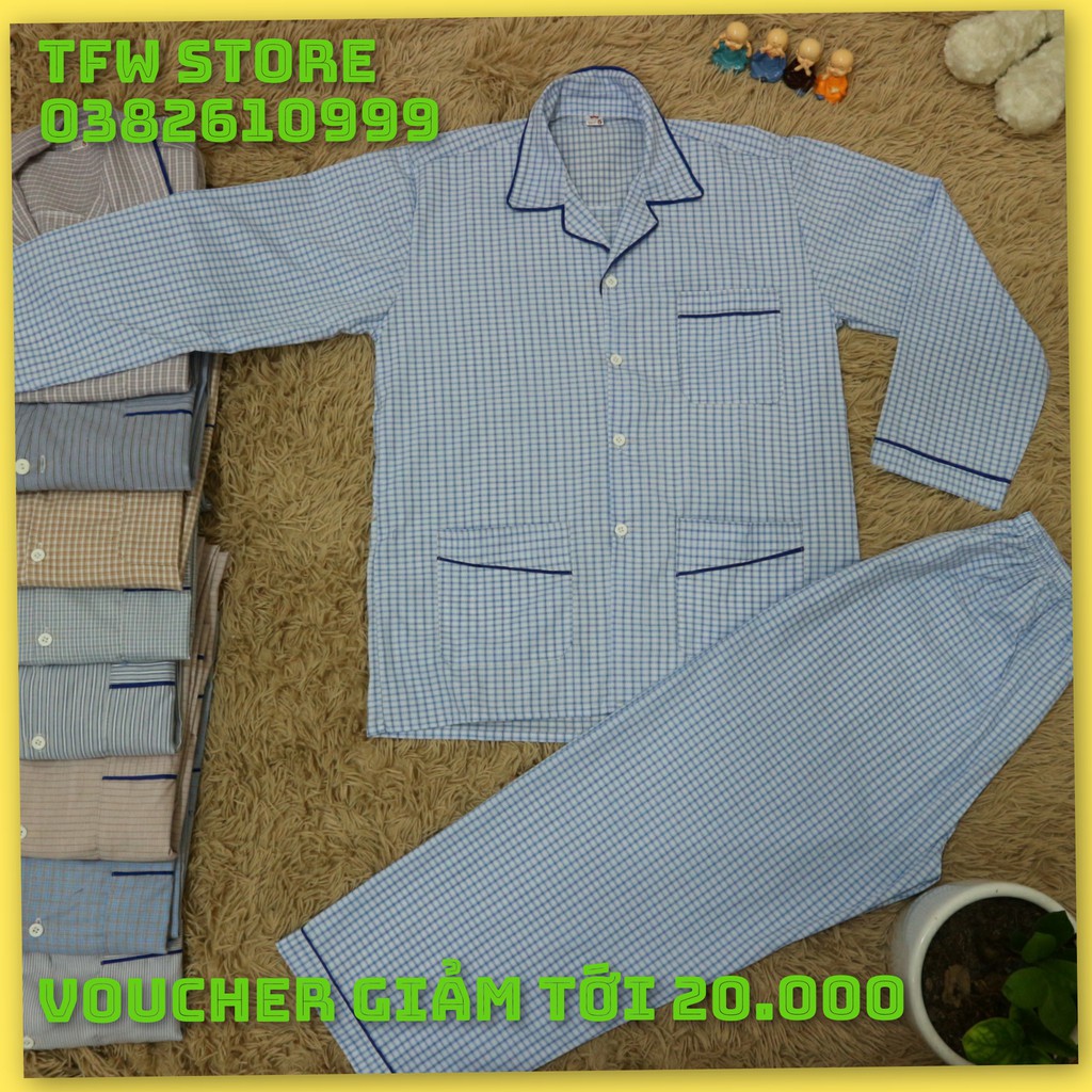 [chất cotton] Bộ pijama nam trung niên kẻ ô (pyjama kẻ, dài tay), quần áo mặc nhà, bộ ngủ cho ông, cho bố