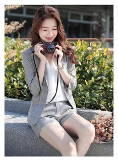 Set áo vest + quần short caro