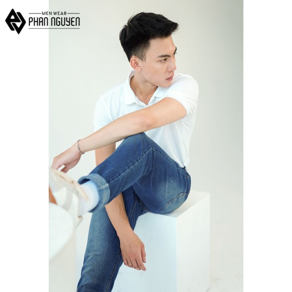 Quần jeans nam xanh cao cấp Phan Nguyễn, dáng dài, thiết kế hiện đại nam tính, chất liệu thoáng mát, co giãn tốt QBD.026