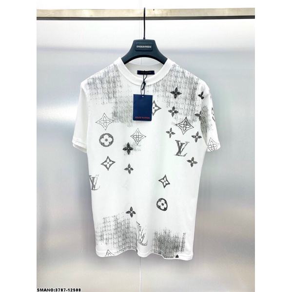 Áo thun cổ tròn tay ngắn in họa tiết chữ LV loang màu phong cách bụi bặm cá tính dành cho nam nữ hot trend 2022