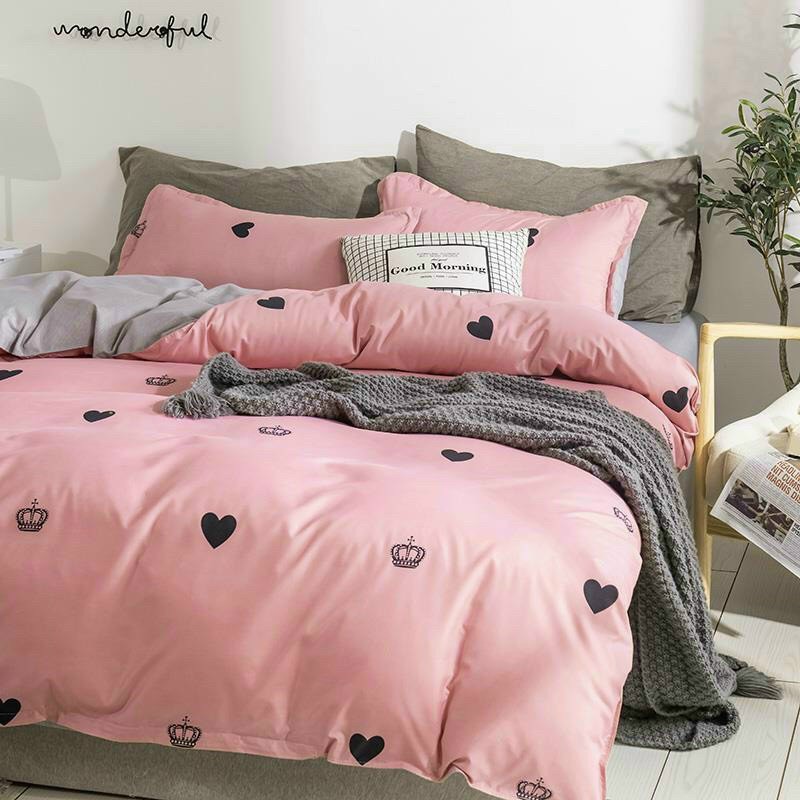 Bộ chăn ga gối Cotton poly M2T Bedding Tim vương miện, vỏ chăn mền, drap nệm và 2 vỏ gối | BigBuy360 - bigbuy360.vn