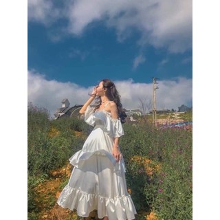 FEEDBACK❤ Đầm công chúa dự tiệc, váy du lịch, đầm trắng kỉ yếu chất Phi lụa satin ánh nhũ xoè bồng (hình ảnh thật)