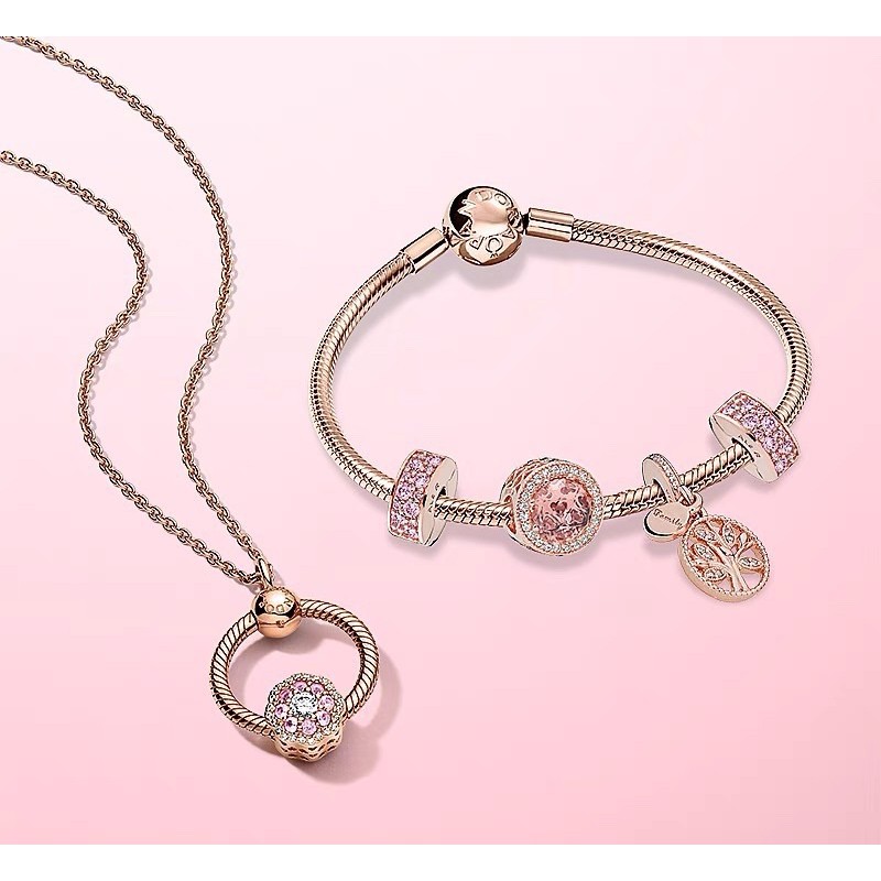 charm pan xỏ ngang đá hồng trà viền đá nhỏ bạc s925