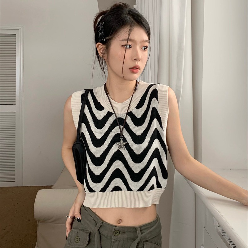 Áo Sweater Dệt Kim Sát Nách Mềm Mại Cổ Tròn Kẻ Sọc Gợn Sóng Kiểu Hàn Quốc Cho Bạn