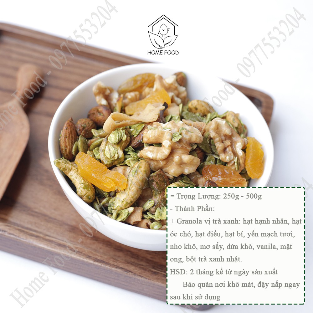 Granola matcha trà xanh ăn kiêng siêu hạt nướng mật ong, thêm óc chó, mơ vàng - Home Food