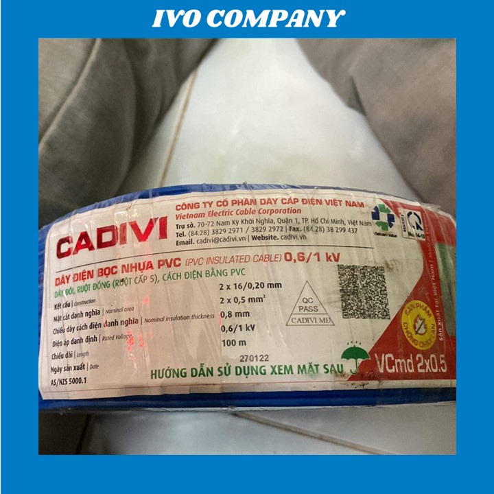 Cuộn 100m Dây Điện Bọc Nhựa PVC CADIVI 0.6/1kV VCmd 2x0.5 (2 Màu Xanh / Đỏ)