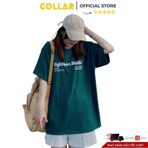 Set 2 món nữ COLLAR áo thun EIGHTEEN vải cotton su màu xanh rêu form rộng kèm quần sooc trắng kaki oversize
