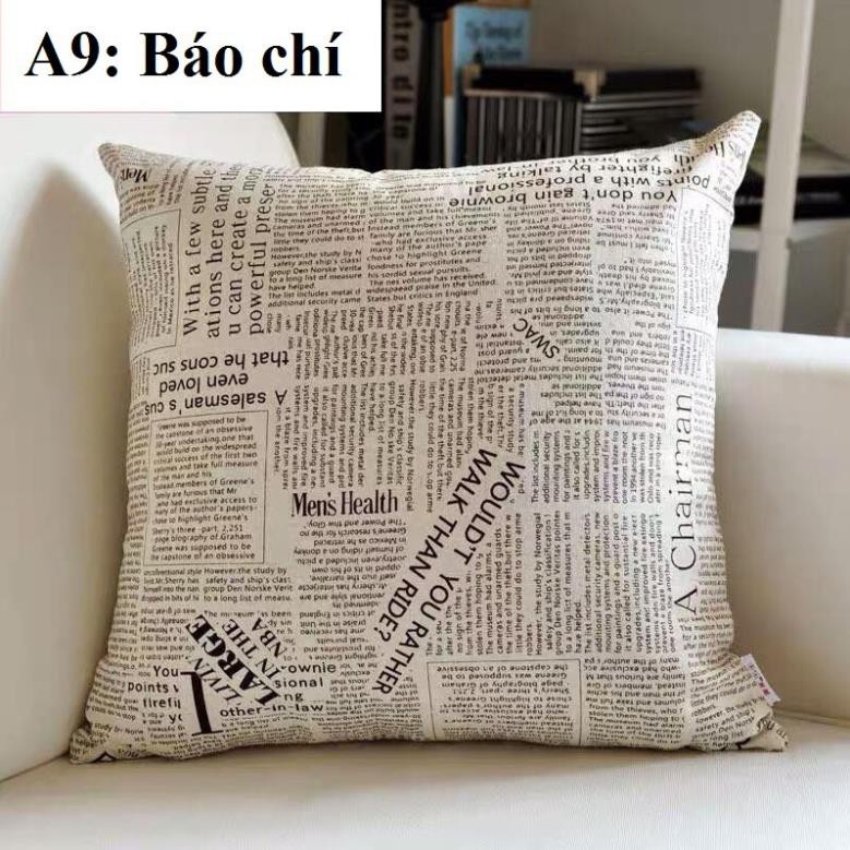 Gối tựa lưng, gối tựa sofa họa tiết báo chí phong cách vintage, Kích thước: 45cm x 45cm