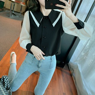 (Hàng oder) Áo sơ mi cổ phối kiểu Petter Pan áo dài tay