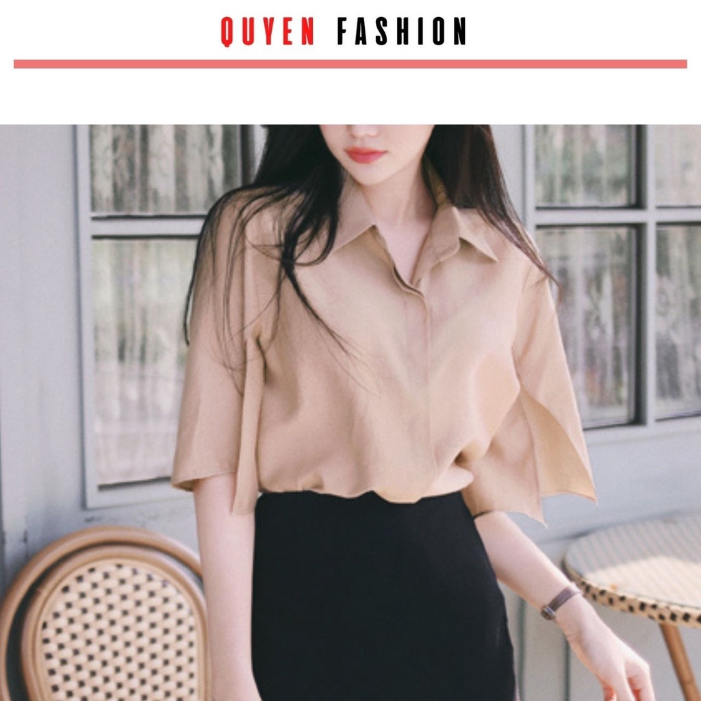 Sơ mi nữ tay ngắn, cổ đức tay xẻ trẻ trung, áo thời trang công sở Quyên Fashion AA560