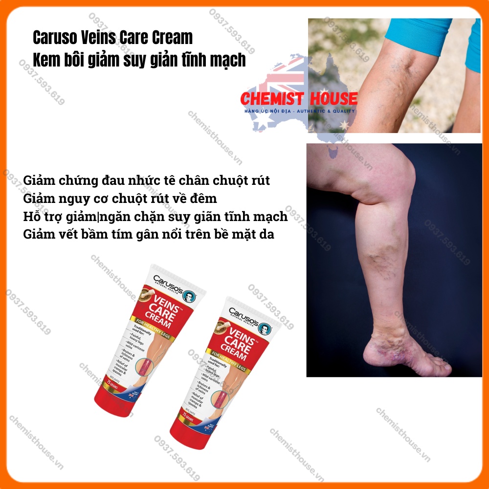 Caruso Úc - Kem bôi giúp giảm suy giản tĩnh mạch phù nề tê chân chuột rút Caruso's Veins Care Cream Úc 75g - chemisthous