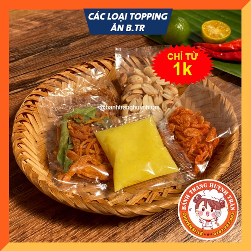 Topping gia vị, nguyên liệu làm/ ăn bánh tráng (sốt me, hành phi, ruốc, muối tôm, bơ vàng, muối nhuyễn, sa tế)