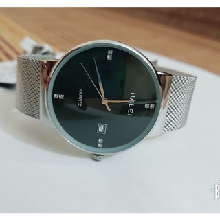 Đồng Hồ Nam Halei 8024 Dây Lụa Bạc Mặt Đen Cao Cấp