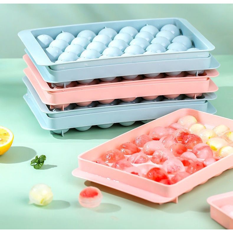 Khay Làm Đá Bi Tròn Tủ Lạnh - Khuôn Làm Thạch Hoa Quả 33 Viên Có Nắp Đậy Hàng Việt Nhật An Toàn Chất Lượng.